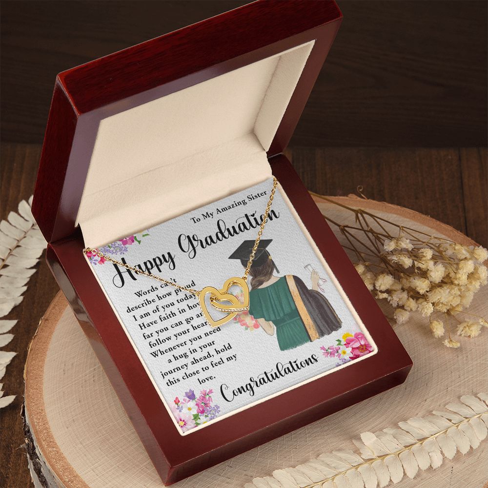 TO MY AMAZING SISTER, INTERLOCKING HEART NECKLACE FOR YOUR SISTER ON HER GRADUATION, CONGRATULATION GIFT FOR HER