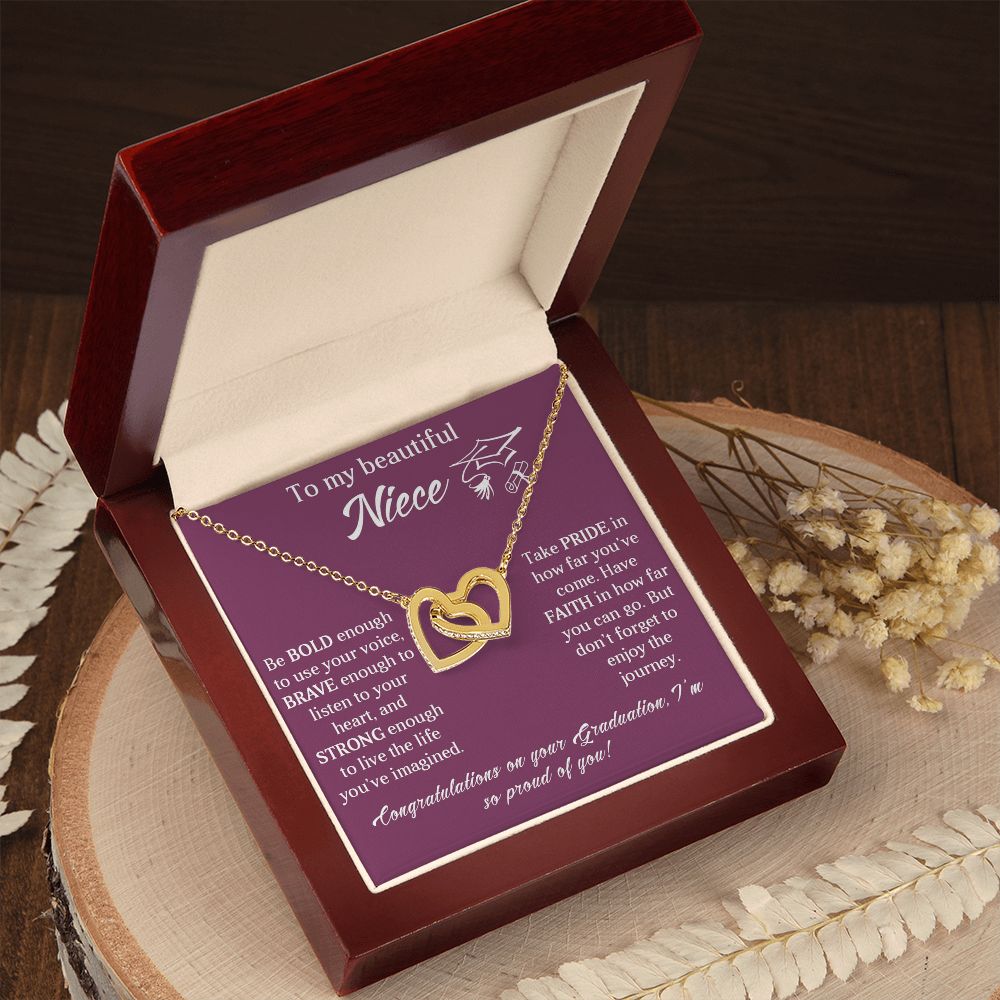 TO MY BEAUTIFUL NIECE, INTERLOCKING HEART NECKLACE FOR YOUR NIECE ON HER GRADUATION, CONGRATULATION GIFT FOR HER