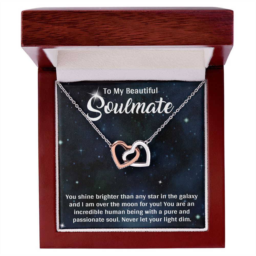 TO MY BEAUTIFUL SOULMATE, INTERLOCKING HEART NECKLACE, FOR COUPLES, BIRTHDAY GIFT FOR HER, NECKLACE WITH MESSAGE CARD