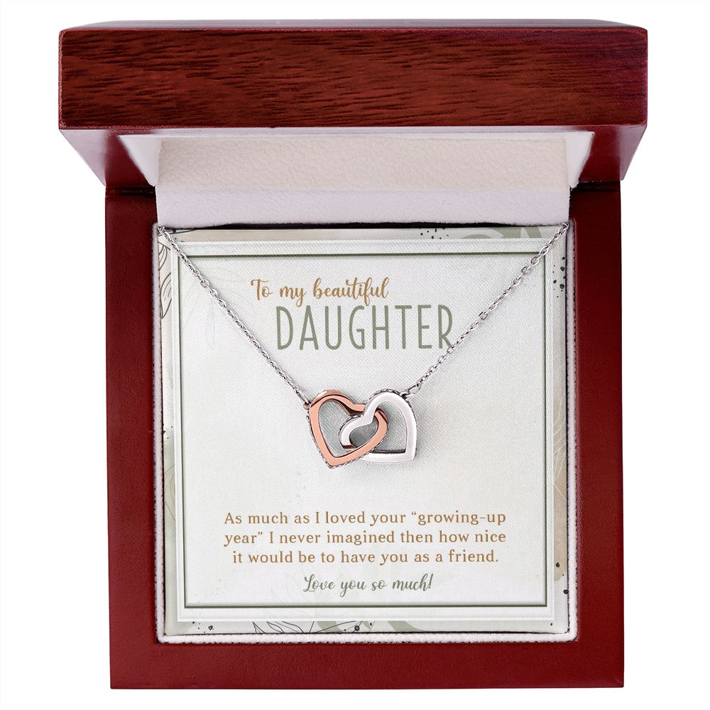 TO MY BEAUTIFUL DAUGHTER, INTERLOCKING HEART NECKLACE WITH MESSAGE CARD, UNIQUE GIFT FOR DAUGHTER'S, BIRTHDAY AND DAUGHTER'S DAY GIFT FOR HER