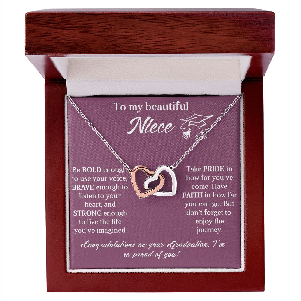 TO MY BEAUTIFUL NIECE, INTERLOCKING HEART NECKLACE FOR YOUR NIECE ON HER GRADUATION, CONGRATULATION GIFT FOR HER