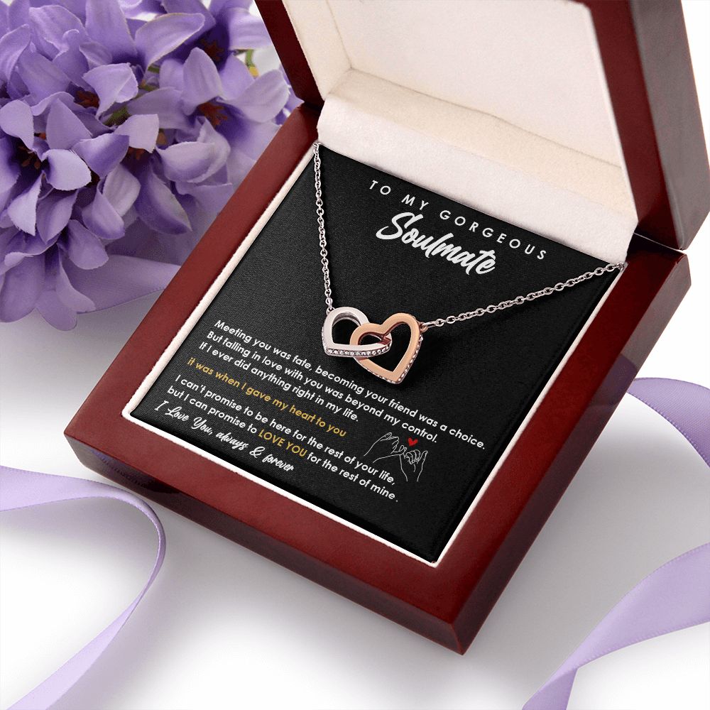 TO MY GORGEOUS SOULMATE I LOVE YOU, INTERLOCKING HEART NECKLACE, FOR COUPLES, BIRTHDAY GIFT FOR HER, NECKLACE WITH MESSAGE CARD