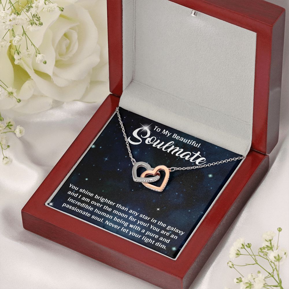 TO MY BEAUTIFUL SOULMATE, INTERLOCKING HEART NECKLACE, FOR COUPLES, BIRTHDAY GIFT FOR HER, NECKLACE WITH MESSAGE CARD