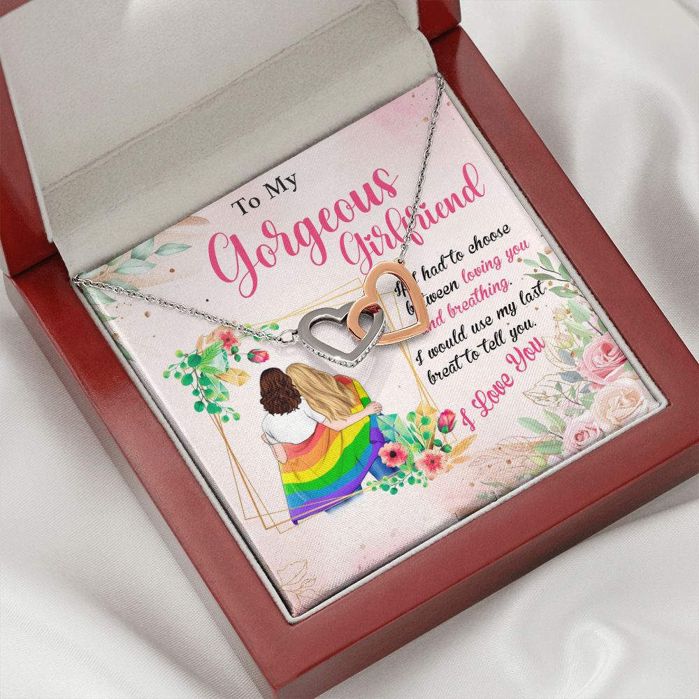 MY GORGEOUS GIRLFRIEND, INTERLOCKING HEART NECKLACE FOR LOVELY SOULMATE, FOR YOUR LGBTQ PARTNER, WITH MESSAGE CARD, PRIDE NECKLACE,