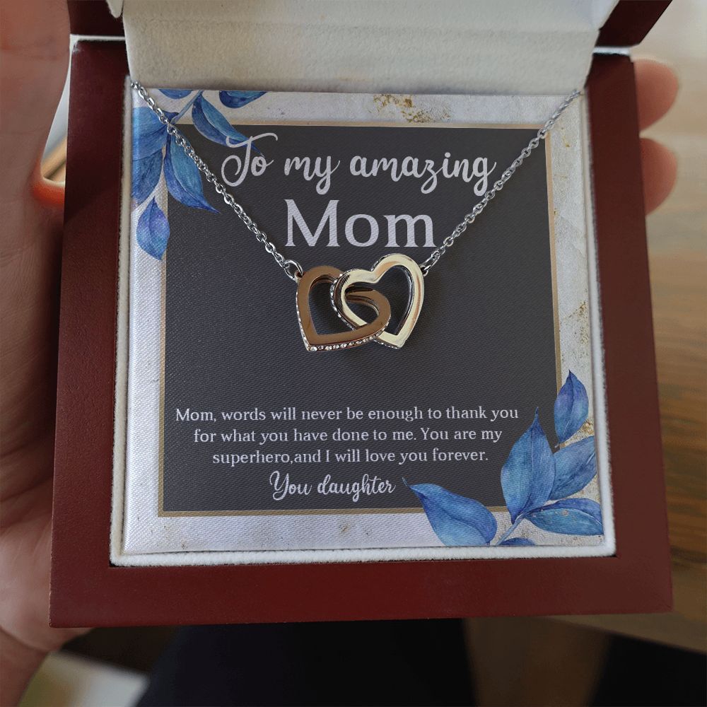 TO MY AMAZING MOM, INTERLOCKING HEART NECKLACE FOR MOM, NECKLACE WITH MESSAGE CARD, BIRTHDAY, MOTHER'S DAY GIFT FOR HER