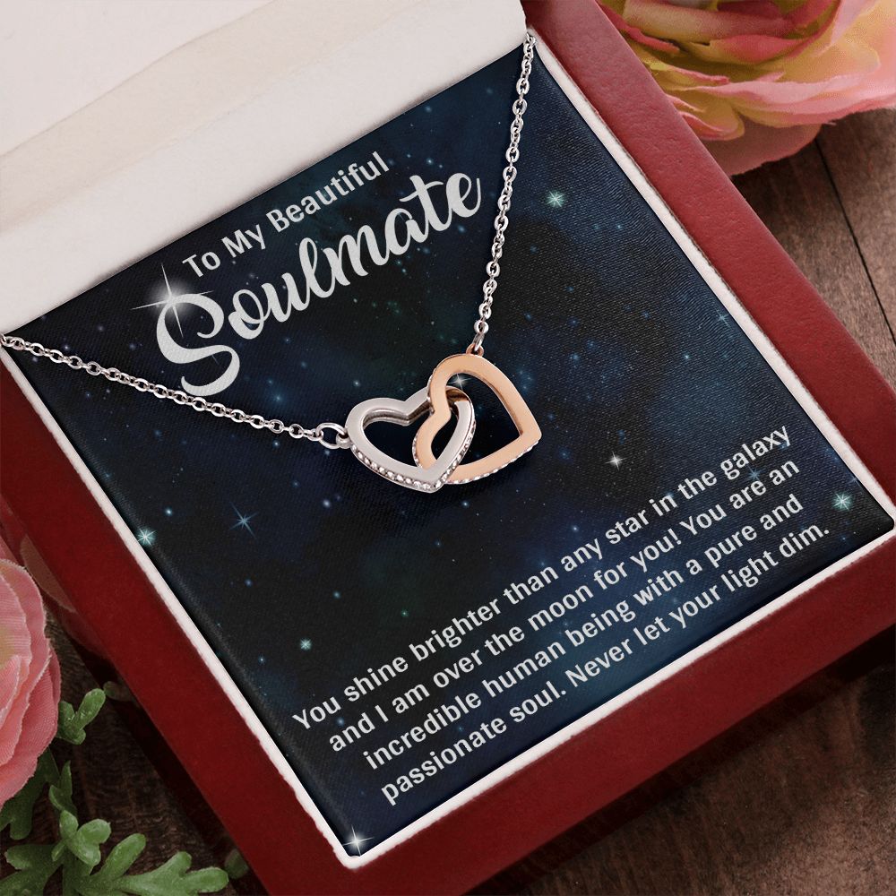 TO MY BEAUTIFUL SOULMATE, INTERLOCKING HEART NECKLACE, FOR COUPLES, BIRTHDAY GIFT FOR HER, NECKLACE WITH MESSAGE CARD