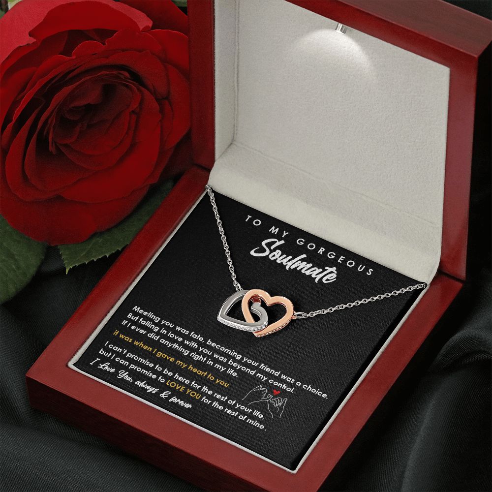 TO MY GORGEOUS SOULMATE I LOVE YOU, INTERLOCKING HEART NECKLACE, FOR COUPLES, BIRTHDAY GIFT FOR HER, NECKLACE WITH MESSAGE CARD