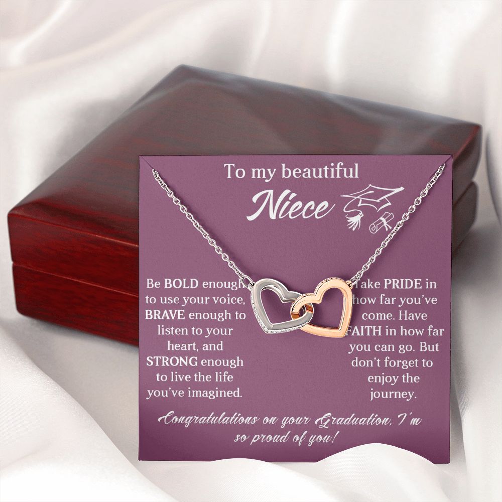 TO MY BEAUTIFUL NIECE, INTERLOCKING HEART NECKLACE FOR YOUR NIECE ON HER GRADUATION, CONGRATULATION GIFT FOR HER