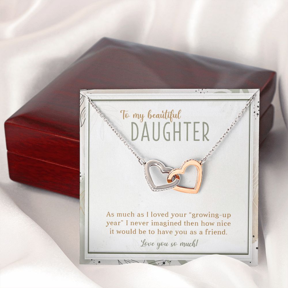 TO MY BEAUTIFUL DAUGHTER, INTERLOCKING HEART NECKLACE WITH MESSAGE CARD, UNIQUE GIFT FOR DAUGHTER'S, BIRTHDAY AND DAUGHTER'S DAY GIFT FOR HER