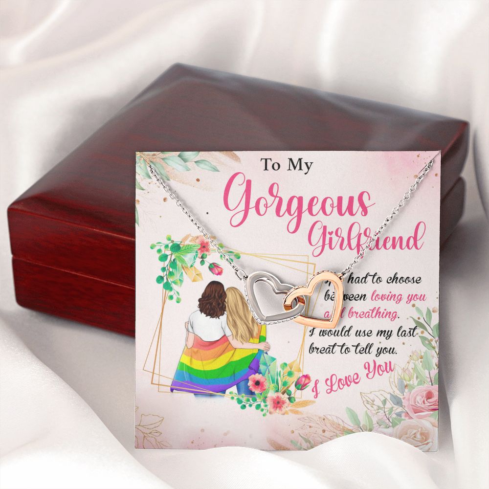 MY GORGEOUS GIRLFRIEND, INTERLOCKING HEART NECKLACE FOR LOVELY SOULMATE, FOR YOUR LGBTQ PARTNER, WITH MESSAGE CARD, PRIDE NECKLACE,