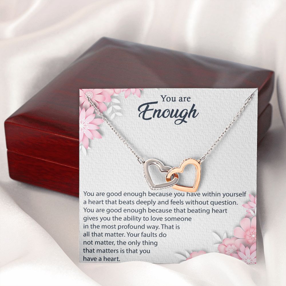 YOU ARE ENOUGH, INTERLOCKING HEART NECKLACE FOR HER, UNIQUE GIFT WITH MESSAGE CARD, GIFT FOR ALL OCCASION