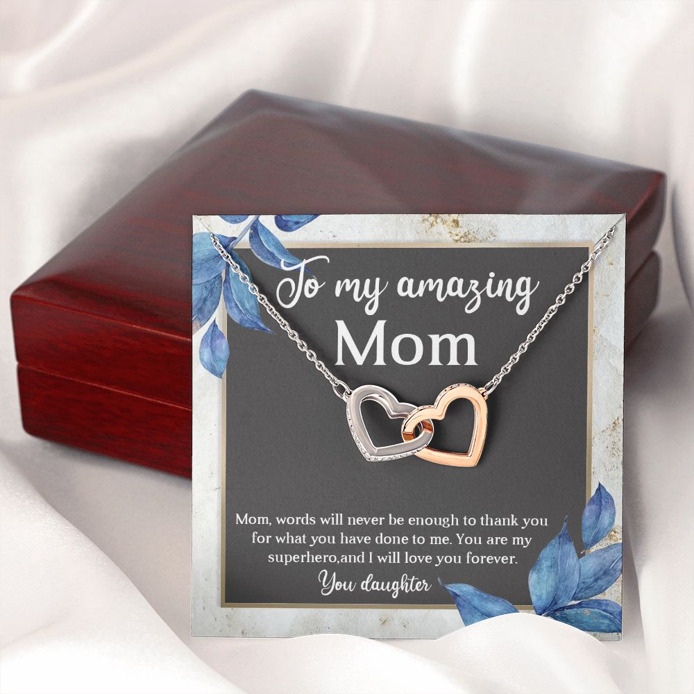 TO MY AMAZING MOM, INTERLOCKING HEART NECKLACE FOR MOM, NECKLACE WITH MESSAGE CARD, BIRTHDAY, MOTHER'S DAY GIFT FOR HER