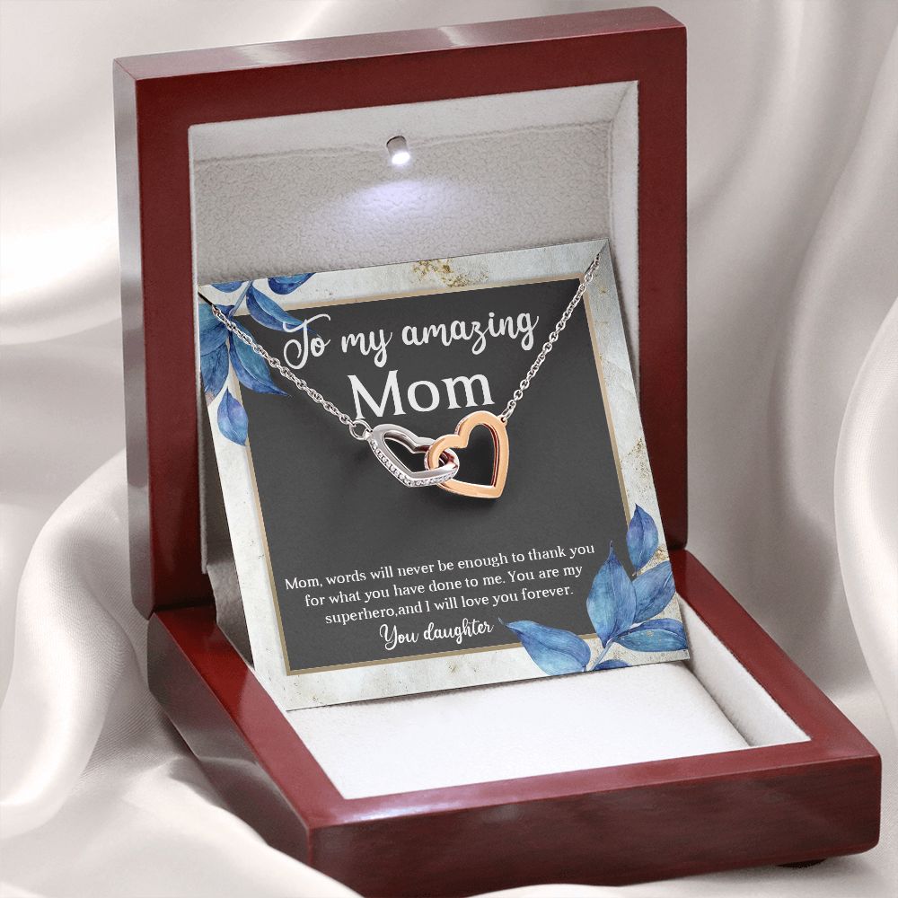 TO MY AMAZING MOM, INTERLOCKING HEART NECKLACE FOR MOM, NECKLACE WITH MESSAGE CARD, BIRTHDAY, MOTHER'S DAY GIFT FOR HER