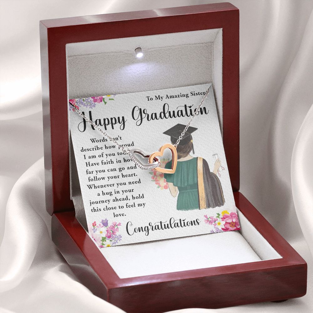 TO MY AMAZING SISTER, INTERLOCKING HEART NECKLACE FOR YOUR SISTER ON HER GRADUATION, CONGRATULATION GIFT FOR HER
