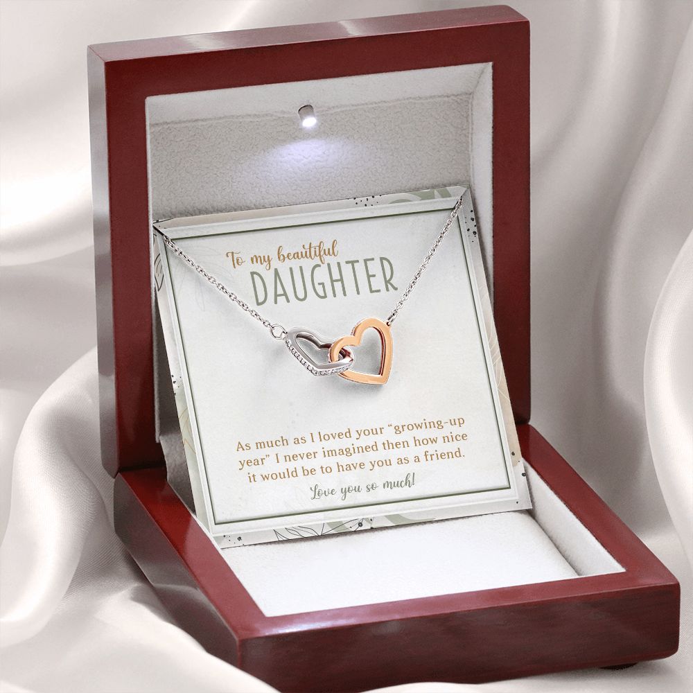 TO MY BEAUTIFUL DAUGHTER, INTERLOCKING HEART NECKLACE WITH MESSAGE CARD, UNIQUE GIFT FOR DAUGHTER'S, BIRTHDAY AND DAUGHTER'S DAY GIFT FOR HER