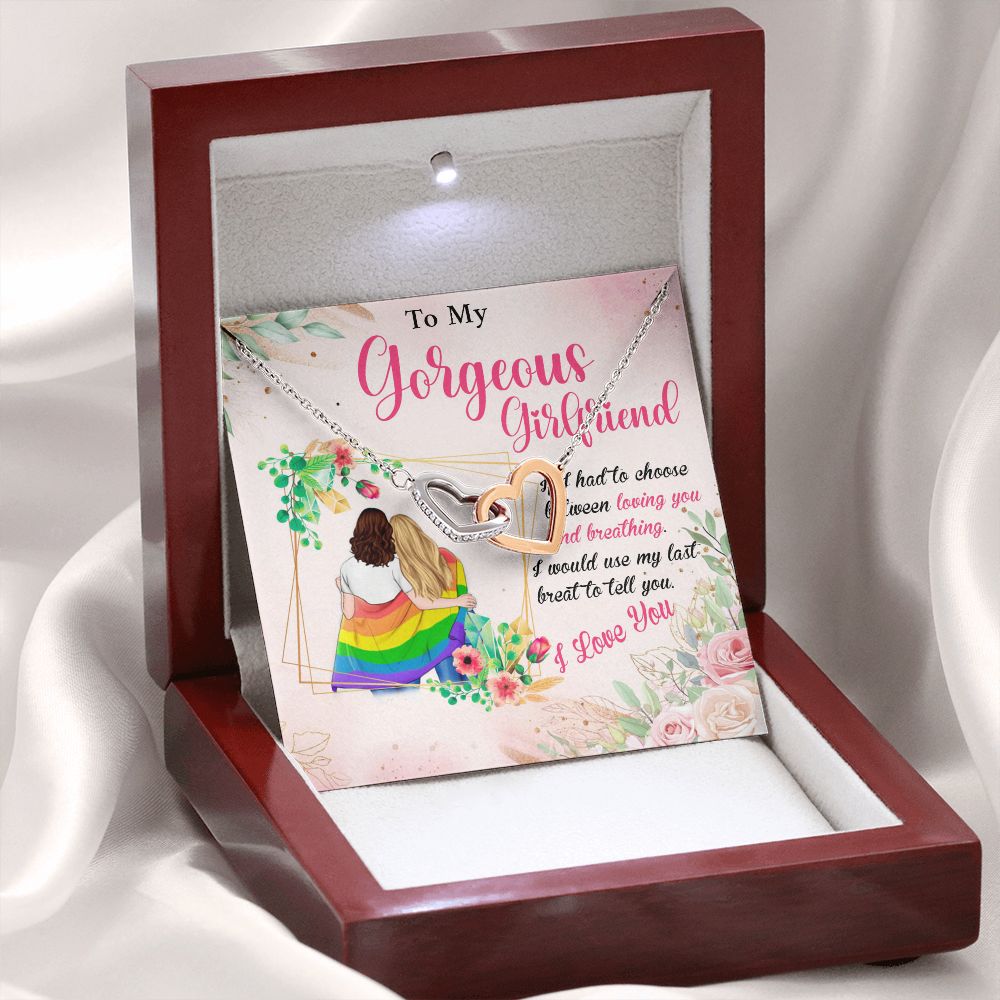 MY GORGEOUS GIRLFRIEND, INTERLOCKING HEART NECKLACE FOR LOVELY SOULMATE, FOR YOUR LGBTQ PARTNER, WITH MESSAGE CARD, PRIDE NECKLACE,