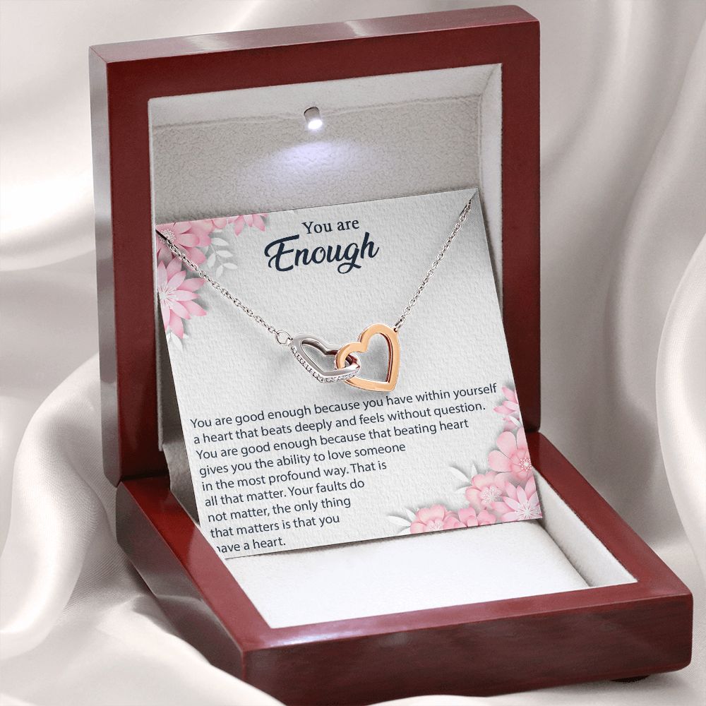 YOU ARE ENOUGH, INTERLOCKING HEART NECKLACE FOR HER, UNIQUE GIFT WITH MESSAGE CARD, GIFT FOR ALL OCCASION
