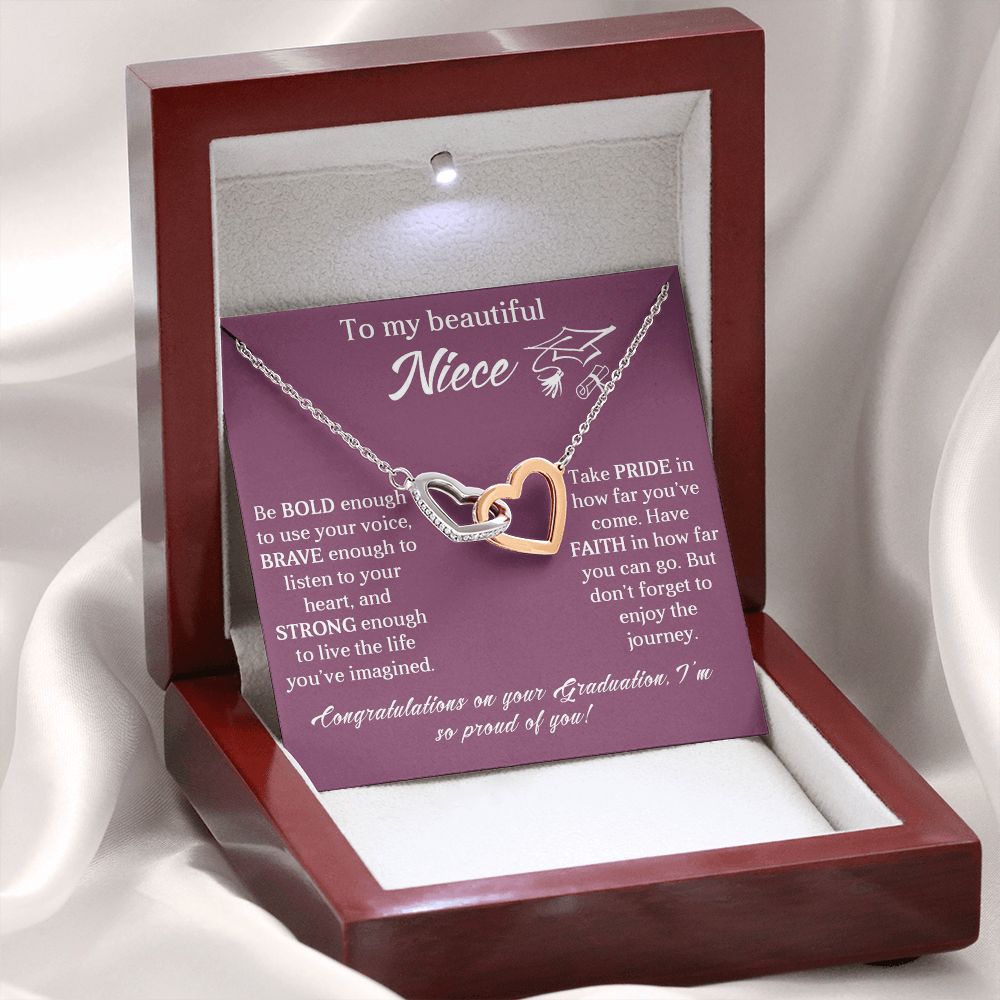 TO MY BEAUTIFUL NIECE, INTERLOCKING HEART NECKLACE FOR YOUR NIECE ON HER GRADUATION, CONGRATULATION GIFT FOR HER