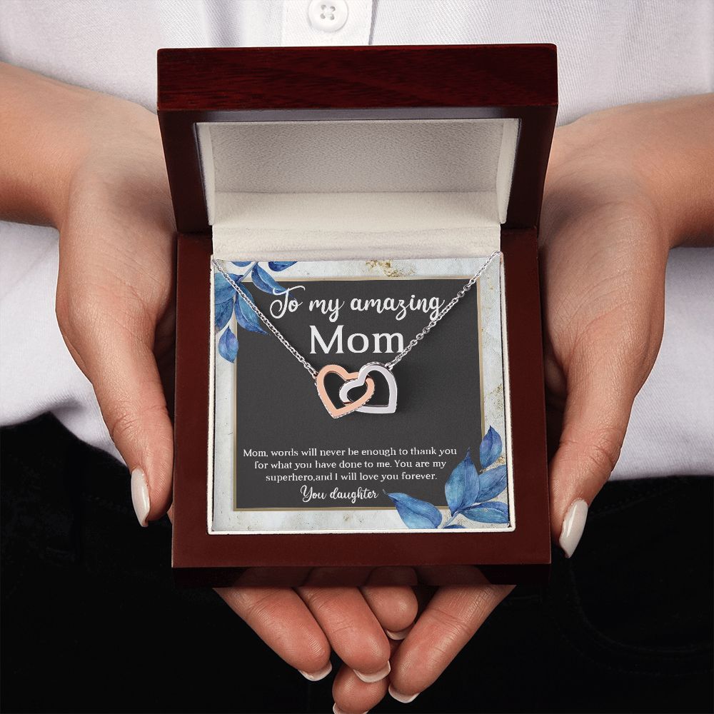 TO MY AMAZING MOM, INTERLOCKING HEART NECKLACE FOR MOM, NECKLACE WITH MESSAGE CARD, BIRTHDAY, MOTHER'S DAY GIFT FOR HER