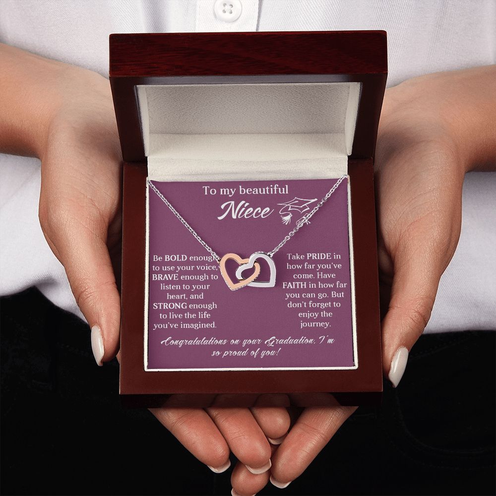 TO MY BEAUTIFUL NIECE, INTERLOCKING HEART NECKLACE FOR YOUR NIECE ON HER GRADUATION, CONGRATULATION GIFT FOR HER