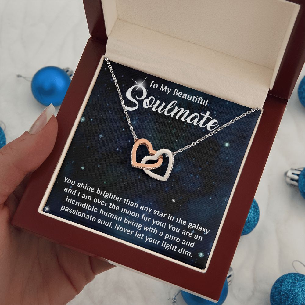 TO MY BEAUTIFUL SOULMATE, INTERLOCKING HEART NECKLACE, FOR COUPLES, BIRTHDAY GIFT FOR HER, NECKLACE WITH MESSAGE CARD