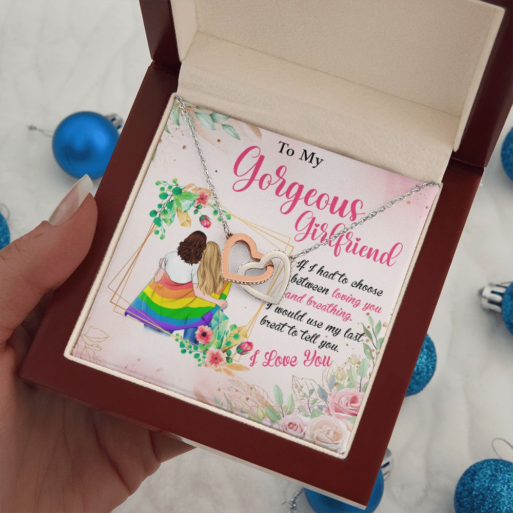 MY GORGEOUS GIRLFRIEND, INTERLOCKING HEART NECKLACE FOR LOVELY SOULMATE, FOR YOUR LGBTQ PARTNER, WITH MESSAGE CARD, PRIDE NECKLACE,