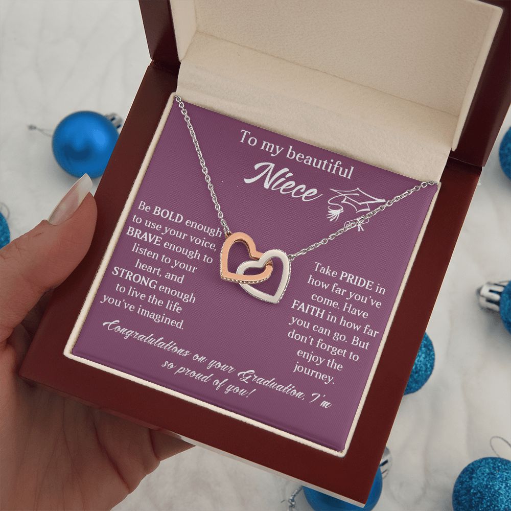 TO MY BEAUTIFUL NIECE, INTERLOCKING HEART NECKLACE FOR YOUR NIECE ON HER GRADUATION, CONGRATULATION GIFT FOR HER