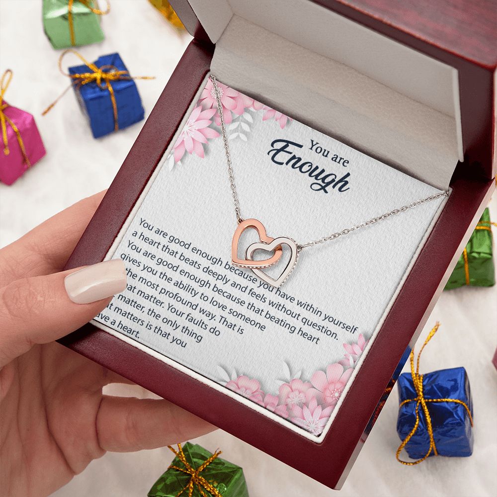 YOU ARE ENOUGH, INTERLOCKING HEART NECKLACE FOR HER, UNIQUE GIFT WITH MESSAGE CARD, GIFT FOR ALL OCCASION