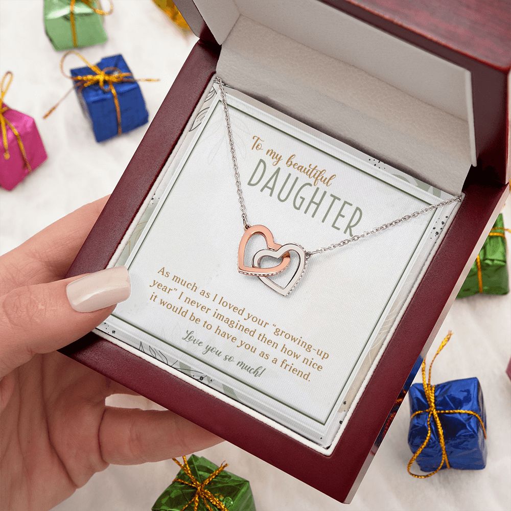 TO MY BEAUTIFUL DAUGHTER, INTERLOCKING HEART NECKLACE WITH MESSAGE CARD, UNIQUE GIFT FOR DAUGHTER'S, BIRTHDAY AND DAUGHTER'S DAY GIFT FOR HER