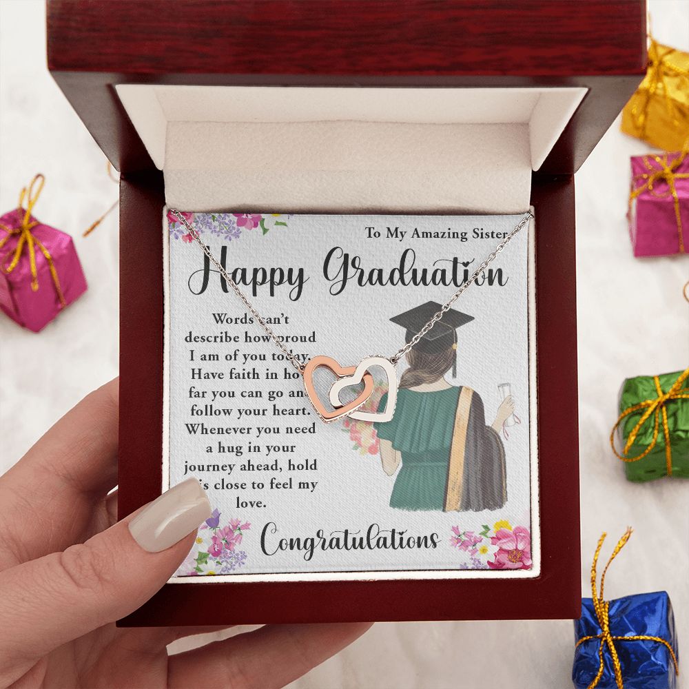 TO MY AMAZING SISTER, INTERLOCKING HEART NECKLACE FOR YOUR SISTER ON HER GRADUATION, CONGRATULATION GIFT FOR HER