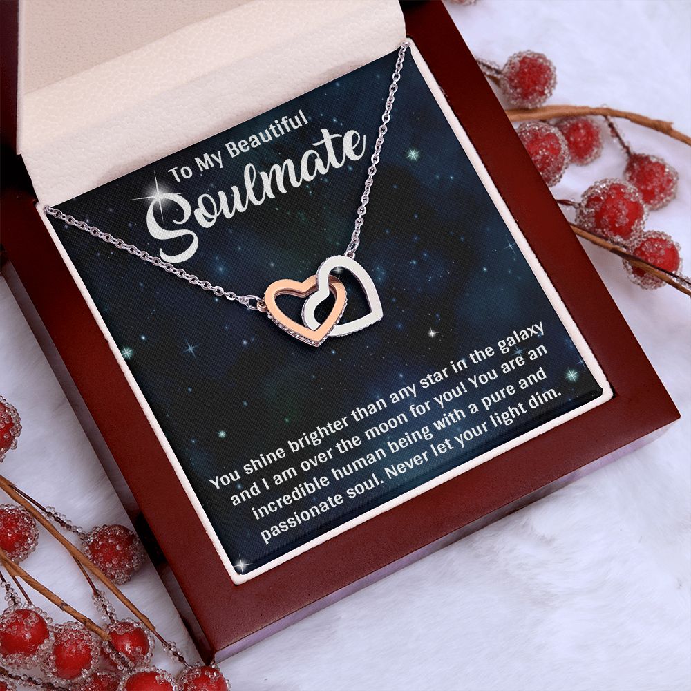 TO MY BEAUTIFUL SOULMATE, INTERLOCKING HEART NECKLACE, FOR COUPLES, BIRTHDAY GIFT FOR HER, NECKLACE WITH MESSAGE CARD