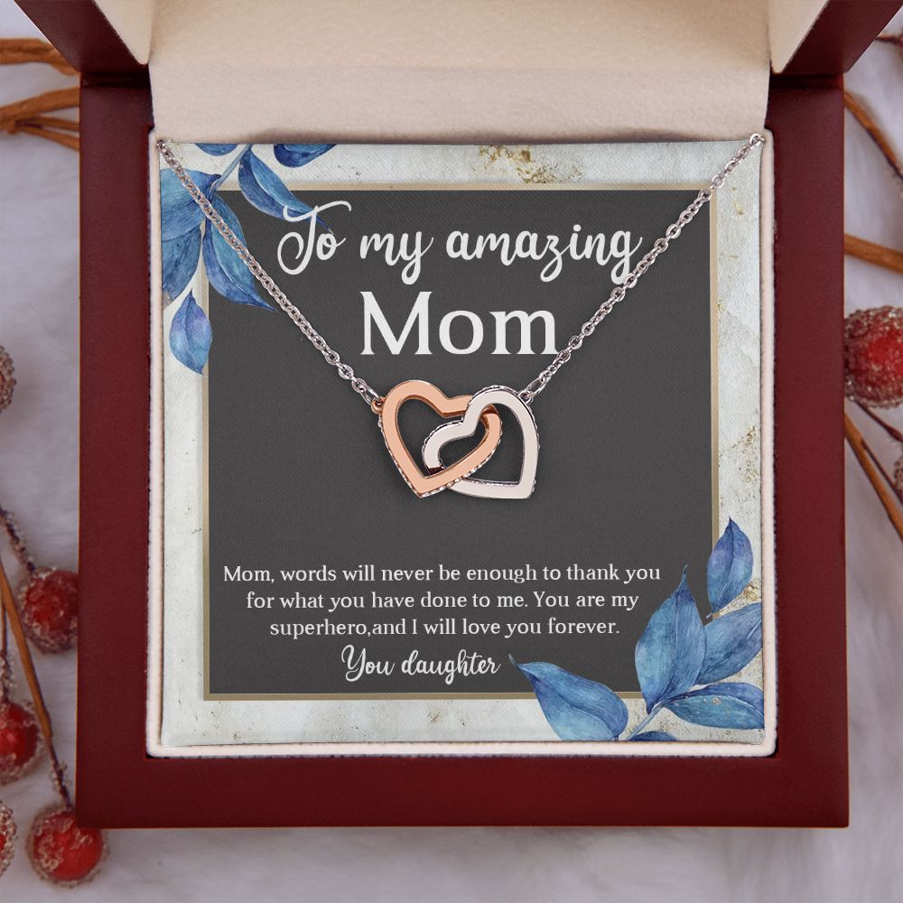 TO MY AMAZING MOM, INTERLOCKING HEART NECKLACE FOR MOM, NECKLACE WITH MESSAGE CARD, BIRTHDAY, MOTHER'S DAY GIFT FOR HER