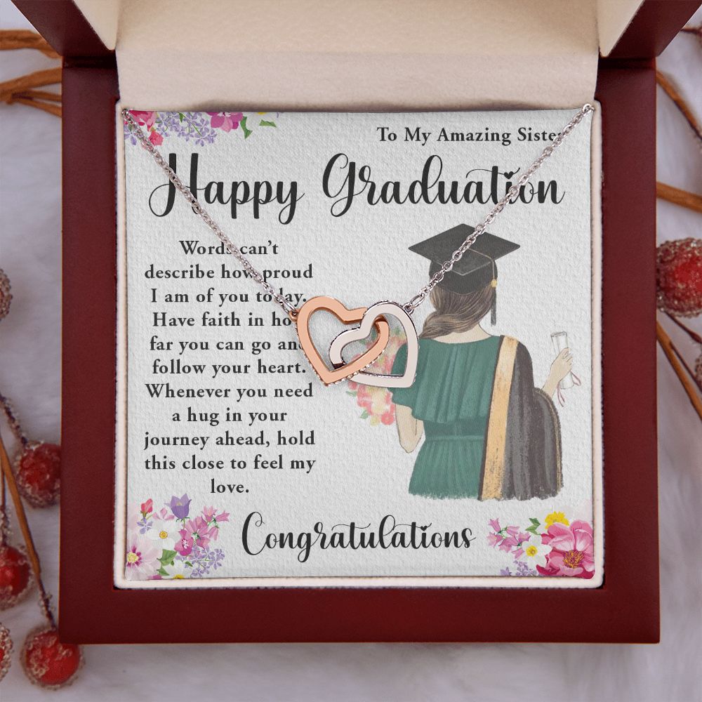 TO MY AMAZING SISTER, INTERLOCKING HEART NECKLACE FOR YOUR SISTER ON HER GRADUATION, CONGRATULATION GIFT FOR HER