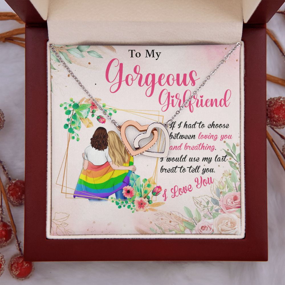 MY GORGEOUS GIRLFRIEND, INTERLOCKING HEART NECKLACE FOR LOVELY SOULMATE, FOR YOUR LGBTQ PARTNER, WITH MESSAGE CARD, PRIDE NECKLACE,
