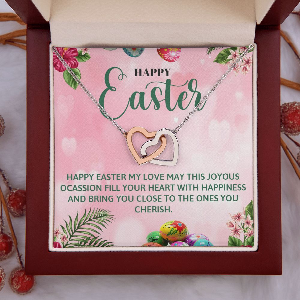 HAPPY EASTER, INTERLOCKING HEART NECKLACE WITH MESSAGE CARD, EASTER GIFT FOR FAMILY AND FRIENDS