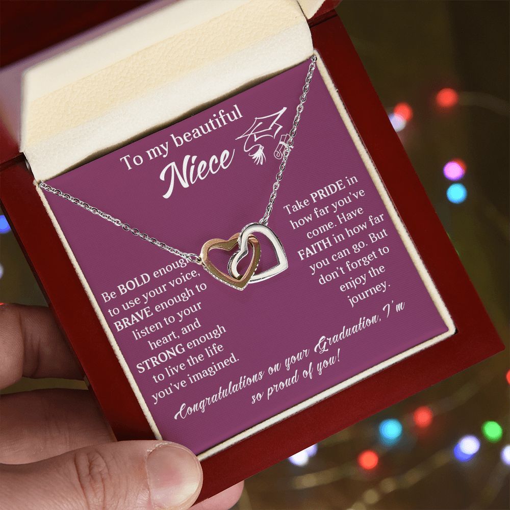 TO MY BEAUTIFUL NIECE, INTERLOCKING HEART NECKLACE FOR YOUR NIECE ON HER GRADUATION, CONGRATULATION GIFT FOR HER