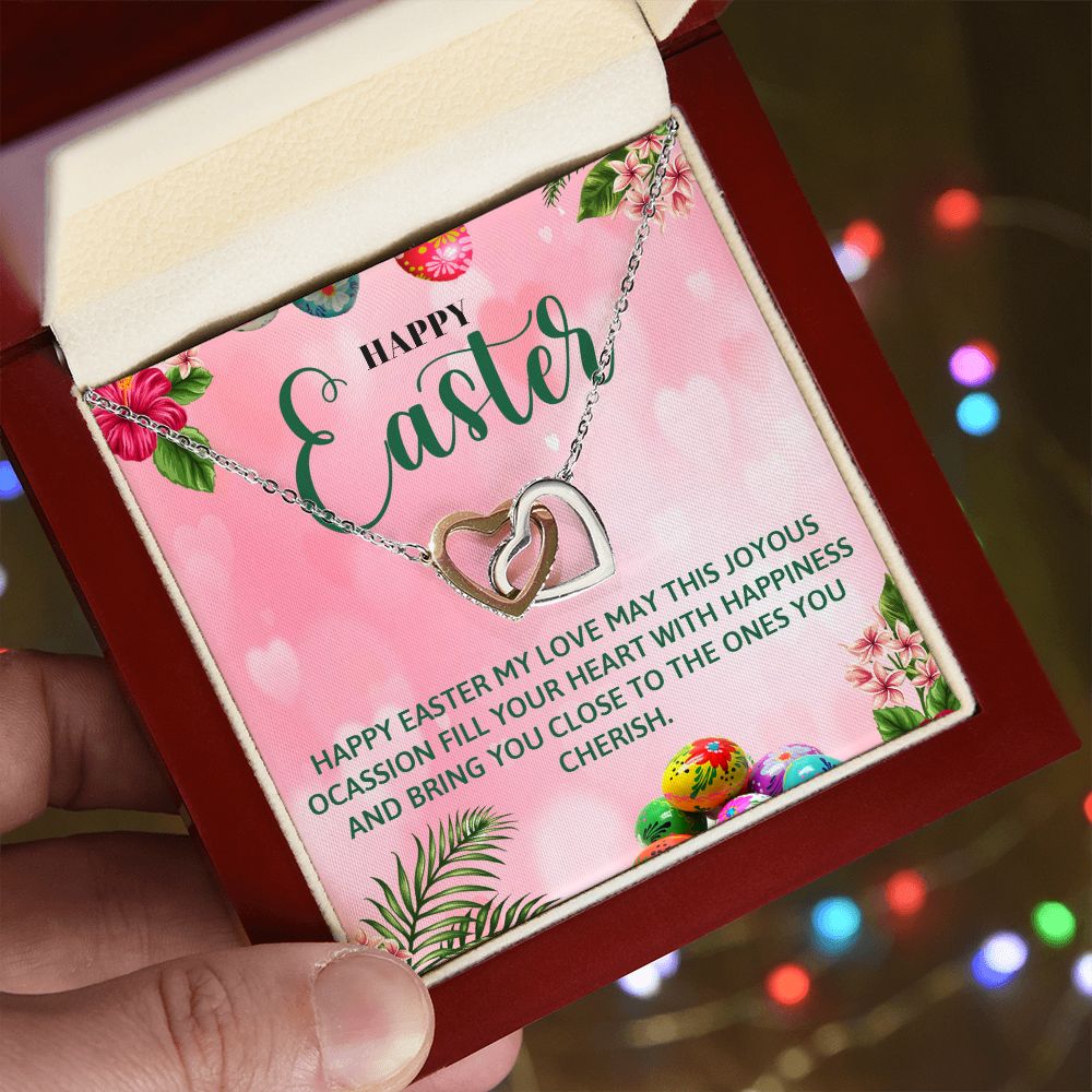 HAPPY EASTER, INTERLOCKING HEART NECKLACE WITH MESSAGE CARD, EASTER GIFT FOR FAMILY AND FRIENDS