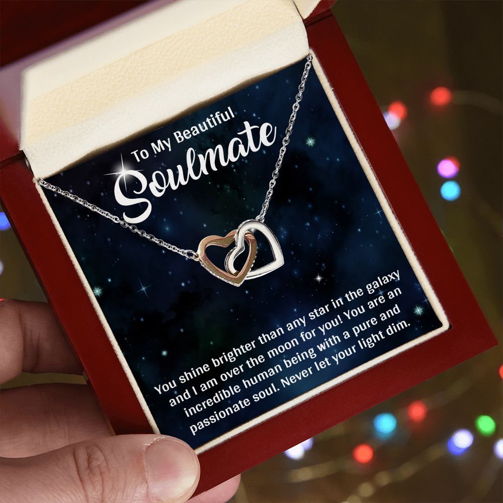 TO MY BEAUTIFUL SOULMATE, INTERLOCKING HEART NECKLACE, FOR COUPLES, BIRTHDAY GIFT FOR HER, NECKLACE WITH MESSAGE CARD