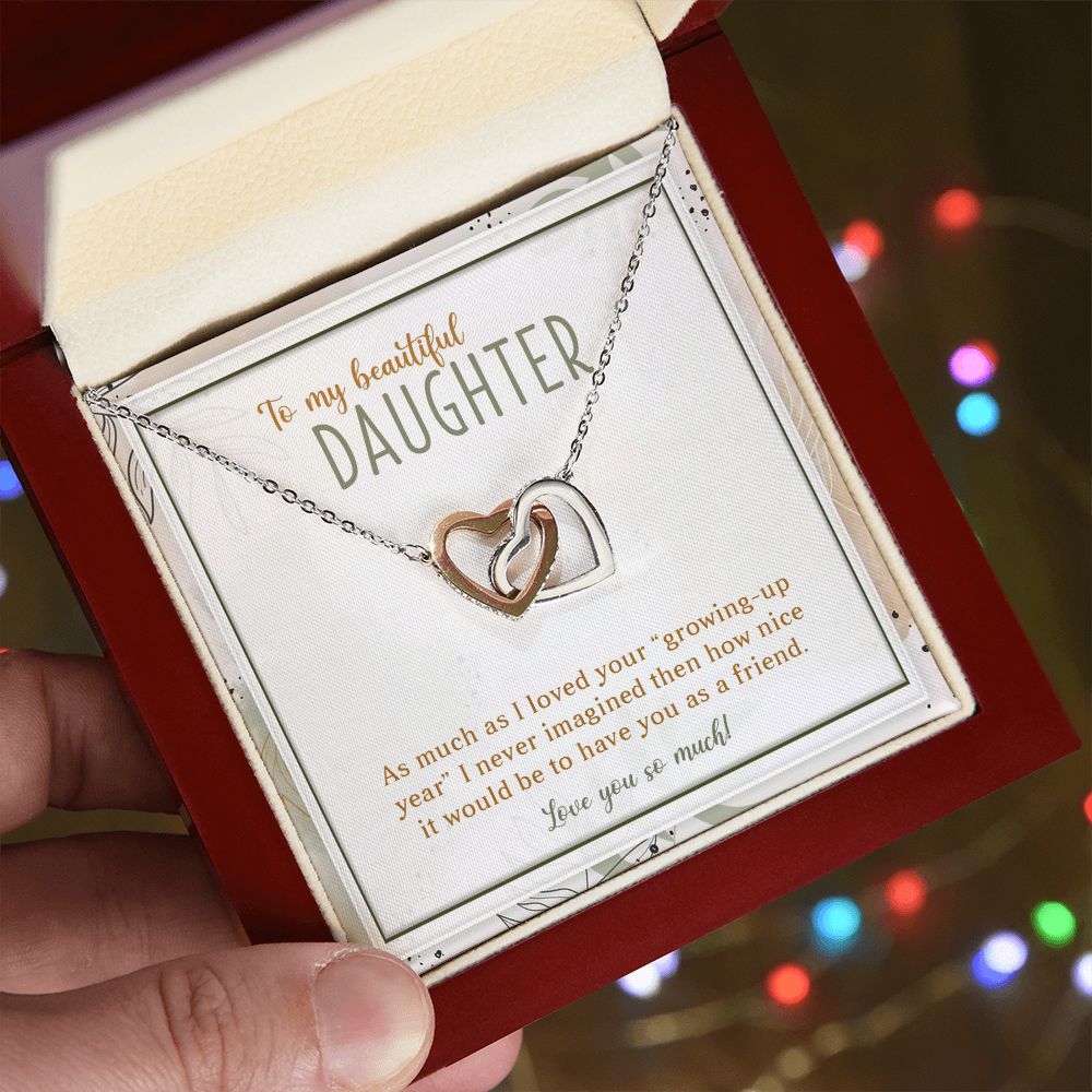 TO MY BEAUTIFUL DAUGHTER, INTERLOCKING HEART NECKLACE WITH MESSAGE CARD, UNIQUE GIFT FOR DAUGHTER'S, BIRTHDAY AND DAUGHTER'S DAY GIFT FOR HER