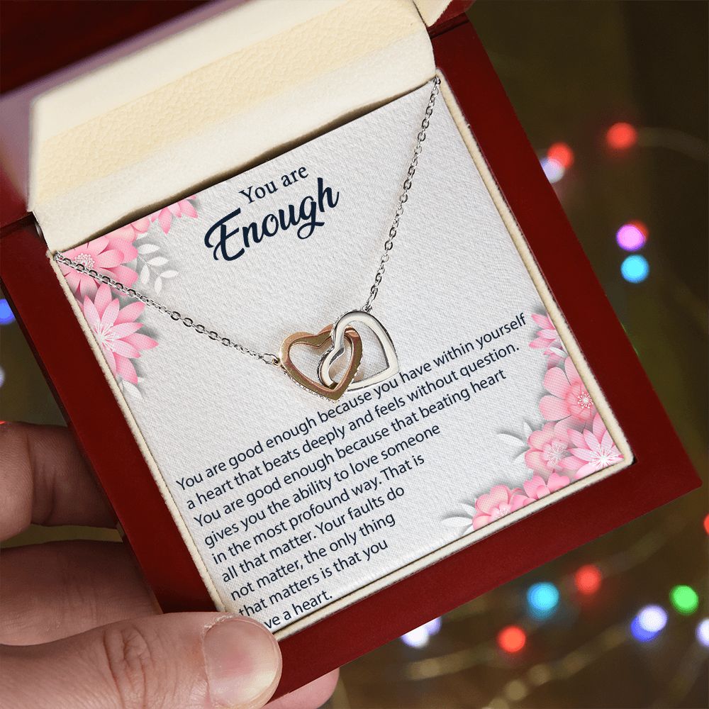 YOU ARE ENOUGH, INTERLOCKING HEART NECKLACE FOR HER, UNIQUE GIFT WITH MESSAGE CARD, GIFT FOR ALL OCCASION