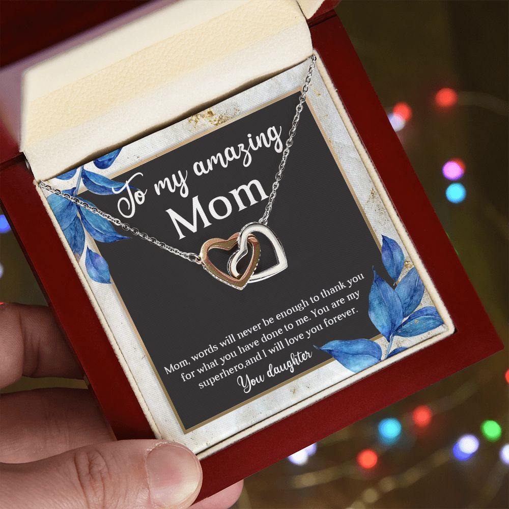 TO MY AMAZING MOM, INTERLOCKING HEART NECKLACE FOR MOM, NECKLACE WITH MESSAGE CARD, BIRTHDAY, MOTHER'S DAY GIFT FOR HER