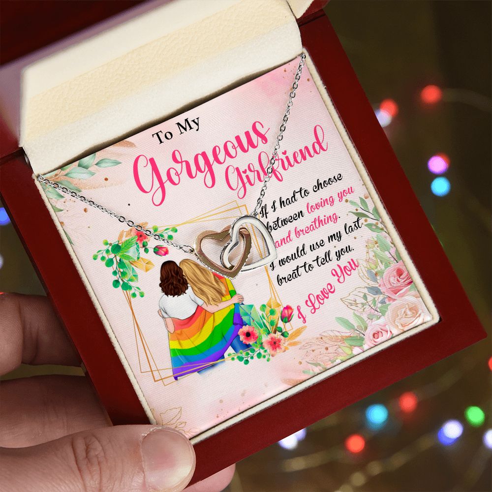 MY GORGEOUS GIRLFRIEND, INTERLOCKING HEART NECKLACE FOR LOVELY SOULMATE, FOR YOUR LGBTQ PARTNER, WITH MESSAGE CARD, PRIDE NECKLACE,
