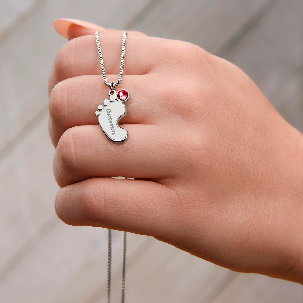 ENGRAVED BABY FEET WITH NAME AND BIRTHSTONE, NECKLACE GIFT FOR MOM WITH KIDS NAME, WITH MESSAGE CARD, MOTHER'S DAY GIFT FOR MOM FROM SON/DAUGHTER