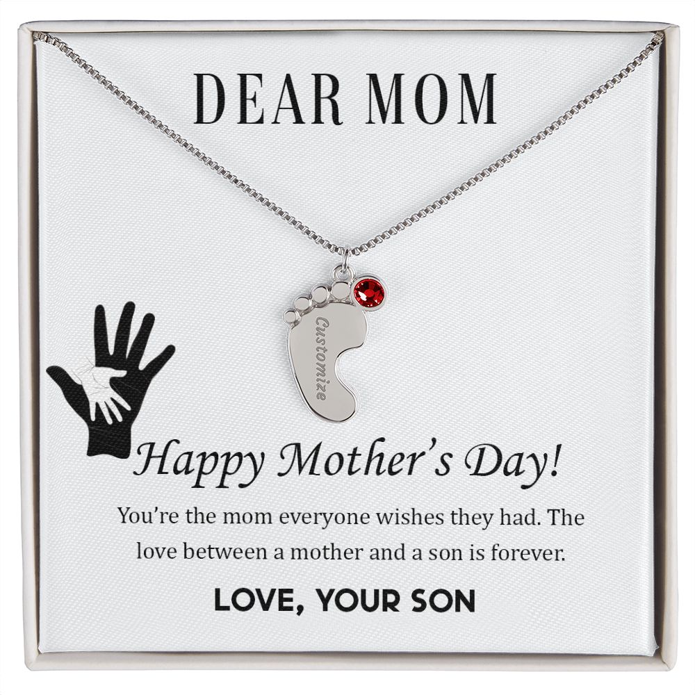 ENGRAVED BABY FEET WITH NAME AND BIRTHSTONE, NECKLACE GIFT FOR MOM WITH KIDS NAME, WITH MESSAGE CARD, BIRTHDAY/ MOTHER'S DAY GIFT FOR MOM FROM SON