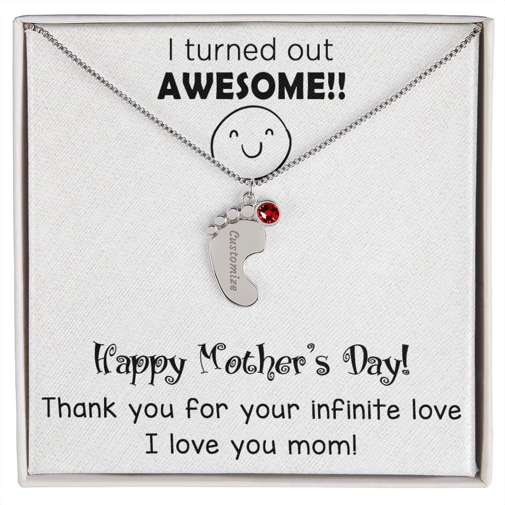 ENGRAVED BABY FEET WITH NAME AND BIRTHSTONE, NECKLACE GIFT FOR MOM WITH KIDS NAME, WITH MESSAGE CARD, MOTHER'S DAY GIFT FOR MOM FROM SON/DAUGHTER