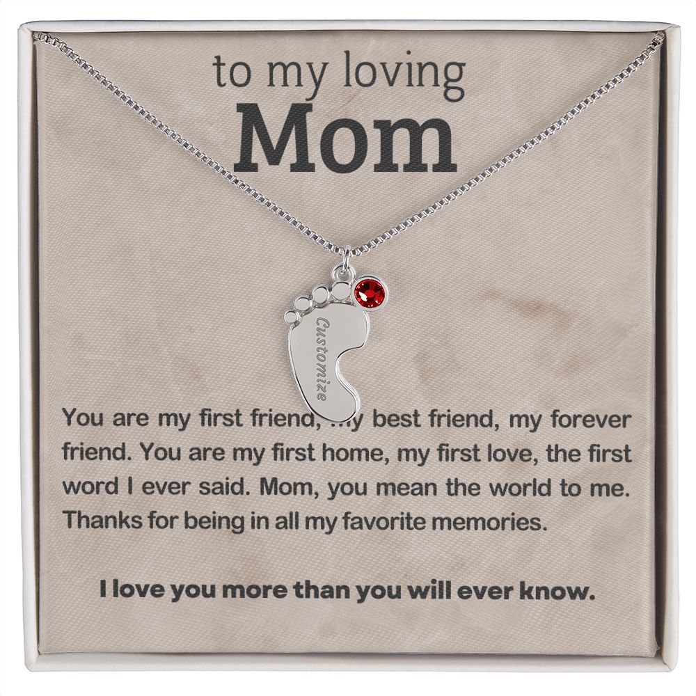 ENGRAVED BABY FEET WITH NAME AND BIRTHSTONE, NECKLACE GIFT FOR MOM WITH KIDS NAME, WITH MESSAGE CARD, BIRTHDAY/MOTHER'S DAY GIFT FOR MOM, FROM SON/DAUGHTER
