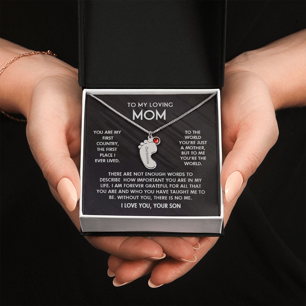 ENGRAVED BABY FEET WITH NAME AND BIRTHSTONE, NECKLACE GIFT FOR MOM WITH KIDS NAME, WITH MESSAGE CARD, BIRTHDAY/ MOTHER'S DAY GIFT FOR MOM FROM SON