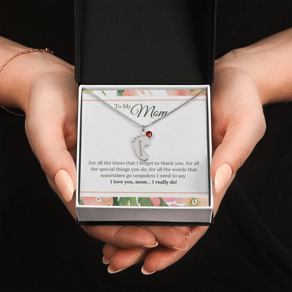ENGRAVED BABY FEET WITH NAME AND BIRTHSTONE, NECKLACE GIFT FOR MOM WITH KIDS NAME, WITH MESSAGE CARD, HAPPY MOTHER'S DAY GIFT FOR MOM FROM SON/DAUGHTER