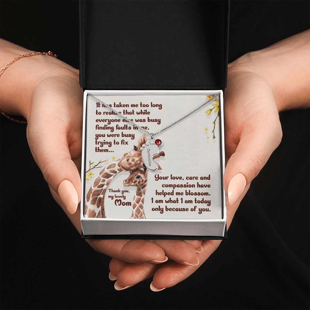ENGRAVED BABY FEET WITH NAME AND BIRTHSTONE, NECKLACE GIFT FOR MOM WITH KIDS NAME, WITH MESSAGE CARD, HAPPY MOTHER'S DAY, GIFT FOR MOM FROM SON/DAUGHTER
