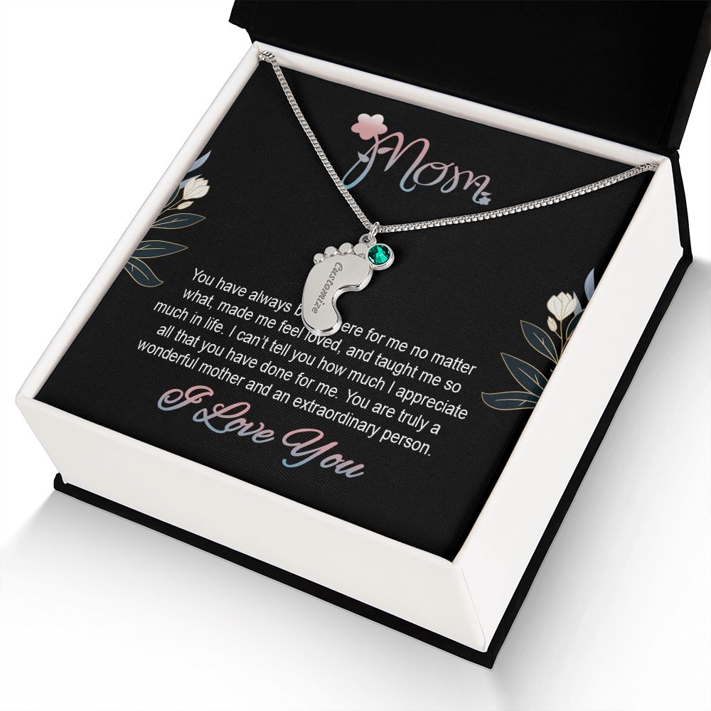 ENGRAVED BABY FEET WITH NAME AND BIRTHSTONE, NECKLACE GIFT FOR MOM WITH KIDS NAME, WITH MESSAGE CARD, BIRTHDAY/ MOTHER'S DAY GIFT FOR MOM FROM SON/DAUGHTER